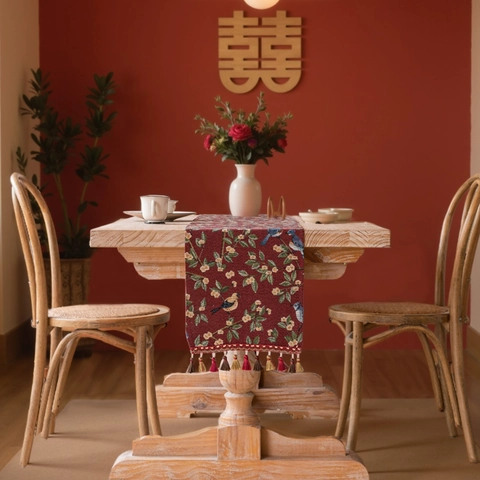 Nordic Jacquard Polyester Cotton Table Runner With Tassels Vintage Red Floral Bird Pattern Long Table Cloth Home Decor