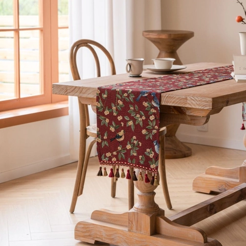 Nordic Jacquard Polyester Cotton Table Runner With Tassels Vintage Red Floral Bird Pattern Long Table Cloth Home Decor