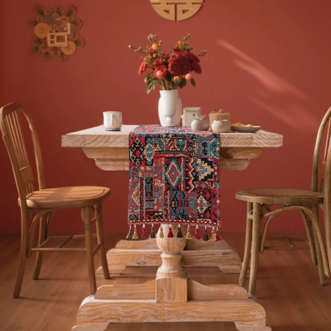 Bohemian Jacquard Table Runner With Tassels Geometric Ethnic Polyester Cotton Table Runner For Kitchen Dining Table Wedding Party Home Decor