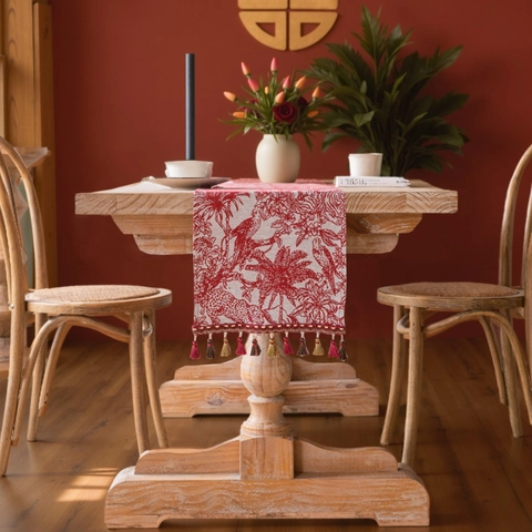 Vintage Jacquard Red Table Runner With Tassels Tropical Palm Leaf Leopard Pattern Cotton Blend Table Decor For Dining Room
