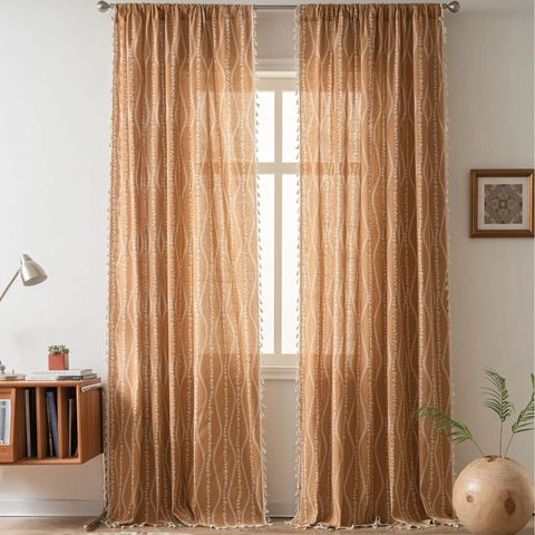 Tenda da Finestra in Cotone Bohemienne Nappa Onda Stampa Floreale Tasca Asta Gancio Occhiello Drappeggio Shabby Chic Pastorale per Casa