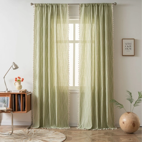 Tenda da Finestra in Cotone Bohemienne Nappa Onda Stampa Floreale Tasca Asta Gancio Occhiello Drappeggio Shabby Chic Pastorale per Casa