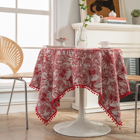 Tovaglia Jacquard in Misto Cotone Stile Americano Vintage Con Bordo in Pompon Motivo Toile Floreale Uccello Copριtavola per Sala da Pranzo Decorazione Casa