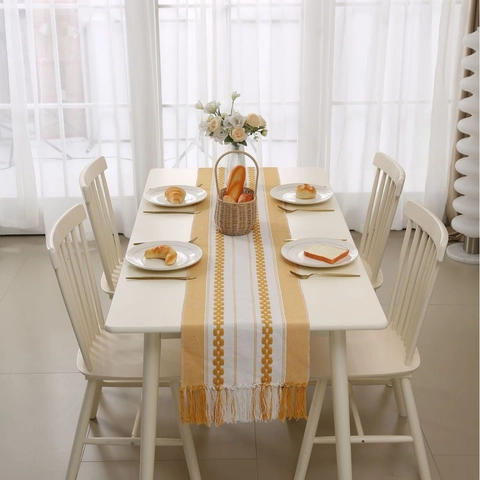 Nordic Minimalist Woven Table Runner With Handmade Tassels Geometric Jacquard Pattern Decorative Fabric For Dining Table Home Party