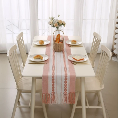 Nordic Minimalist Woven Table Runner With Handmade Tassels Geometric Jacquard Pattern Decorative Fabric For Dining Table Home Party