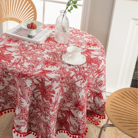 Tovaglia Jacquard in Misto Cotone Stile Americano Vintage Con Bordo in Pompon Motivo Toile Floreale Uccello Copριtavola per Sala da Pranzo Decorazione Casa