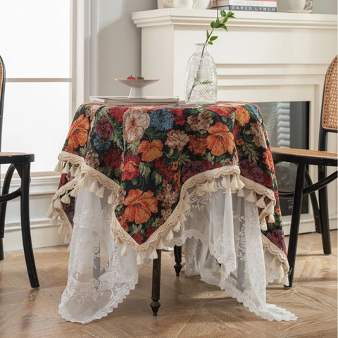 Mantel de Jacquard Vintage Americano Impresión de Iris Floral Pájaro Borla Tela Gruesa Cubierta de Mesa Para Comedor