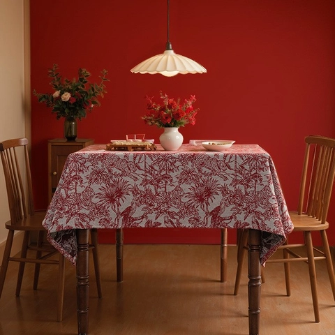 American Vintage Red Toile De Jouy Tablecloth Polyester Cotton Blend Thickened Rectangle Table Cover For Wedding Dining Party Decoration
