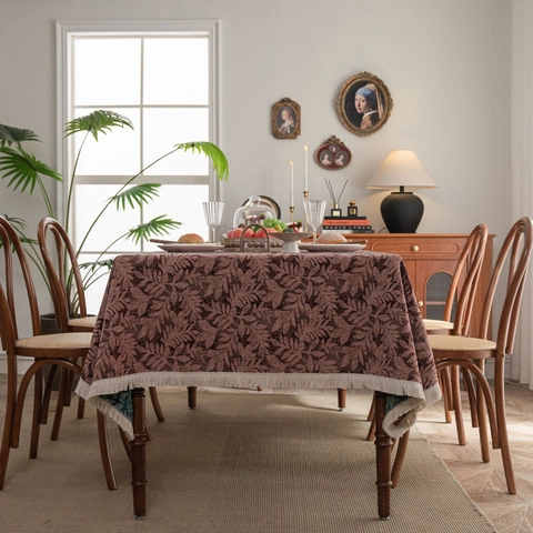 Tovaglia Jacquard Botanica in Stile Americano Vintage Tessuto Misto Inspessito Motivo a Foglie Copritavolo Con Nappine per Sala da Pranzo Decorazione Casa