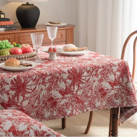 American Vintage Red Toile De Jouy Tablecloth Polyester Cotton Blend Thickened Rectangle Table Cover For Wedding Dining Party Decoration