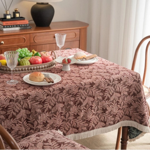 Tovaglia Jacquard Botanica in Stile Americano Vintage Tessuto Misto Inspessito Motivo a Foglie Copritavolo Con Nappine per Sala da Pranzo Decorazione Casa
