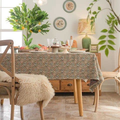 Nappe Jacquard Vintage Américaine Tissu Mélangé Épais Imprimé Floral Botanique Housse de Table Rectangulaire Décor de Salle à Manger