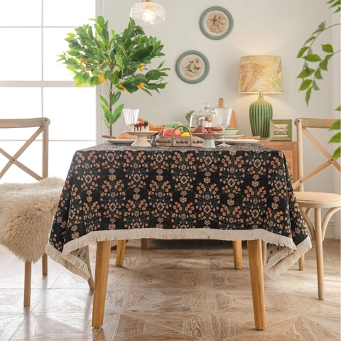 American Style Jacquard Blended Floral Tablecloth Thick Rectangular Dining Table Cover With Tassels Dustproof Home Decor