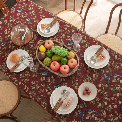 Nappe Vintage en Mélange de Coton Jacquard Avec Motif Floral et Oiseaux Couverture de Table Rectangulaire Épaisse pour Décor de Fête