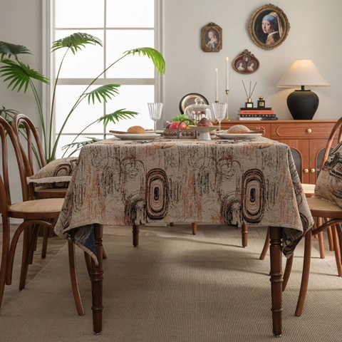 Amerikanische Vintage Verdickte Jacquard Tischdecke Abstraktes Jahresringmuster Rechteckige Mischgewebe Tischabdeckung Heimdeko