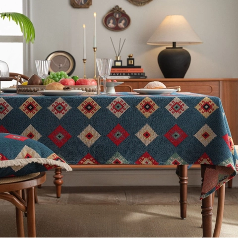 Nappe Jacquard Style Américain Géométrique Lourde Motif Floral Ethnique Rectangulaire Lavable Couverture de Table pour Salle à Manger Cuisine Maison Décor