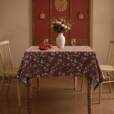 Nappe Vintage en Mélange de Coton Jacquard Avec Motif Floral et Oiseaux Couverture de Table Rectangulaire Épaisse pour Décor de Fête