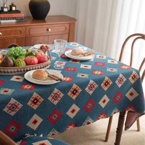 Nappe Jacquard Style Américain Géométrique Lourde Motif Floral Ethnique Rectangulaire Lavable Couverture de Table pour Salle à Manger Cuisine Maison Décor