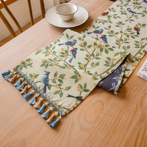 Camino de Mesa Jacquard Vintage Nórdico Con Borlas Patrón Floral Pájaro Lavable Antipolvere Camino de Mesa Decorativo Hogar Cocina