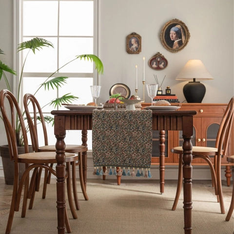 Nordic Vintage Jacquard Floral Table Runner With Tassels Geometric Rhombus Thickened Polyester Cotton Dining Table Runner