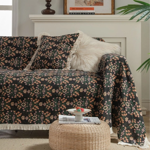 Funda de Sofá Jacquard Vintage Floral Manta con Borlas Gruesa Protector Antiarañazos Para Sala de Estar Decoración Muebles