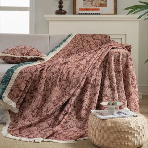 Copridivano Jacquard Americano Retro Coperta con Motivo a Foglia Botanica Protezione Mobili in Misto Cotone con Nappine