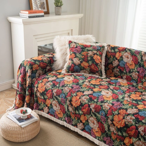 Funda de Sofá Vintage Jacquard Floral Manta Gruesa de Mezcla de Algodón Con Borlas Toalla para Sala de Estar Hogar