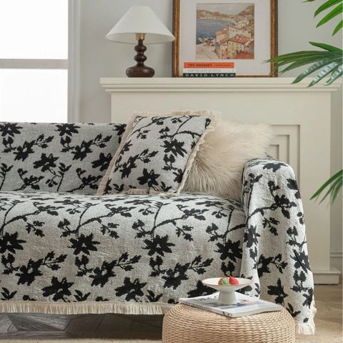Asciugamano da Divano Vintage Jacquard Floreale Antigraffio Bordo con Nappine Coperta Spessa Copertura Decorativa per Divano