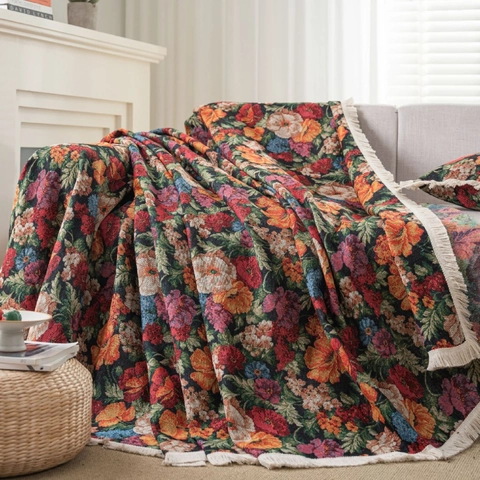 Funda de Sofá Vintage Jacquard Floral Manta Gruesa de Mezcla de Algodón Con Borlas Toalla para Sala de Estar Hogar
