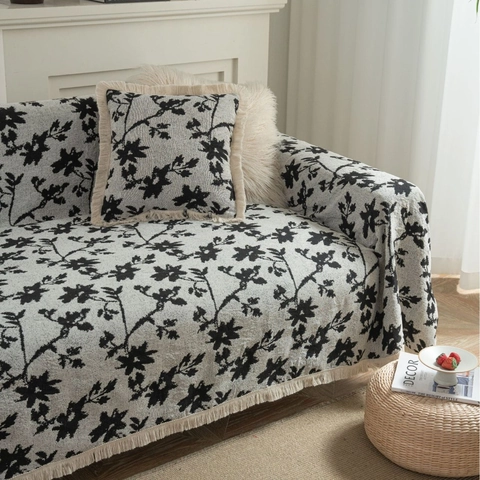 Asciugamano da Divano Vintage Jacquard Floreale Antigraffio Bordo con Nappine Coperta Spessa Copertura Decorativa per Divano