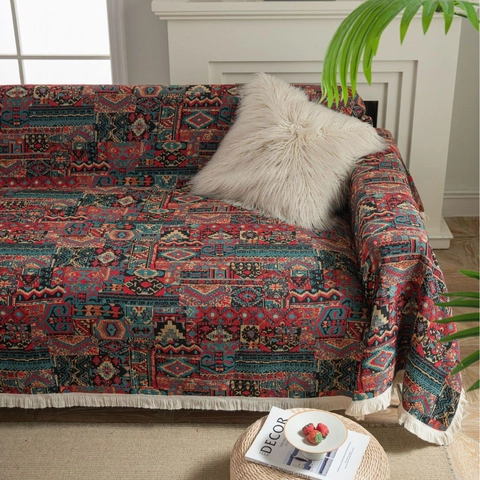 Copridivano Jacquard Vintage Bohemian Con Nappine Protezione Mobili Floreale Geometrica Per Soggiorno Casa