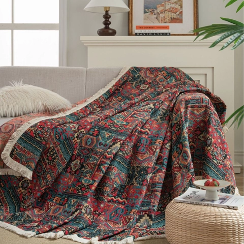 Copridivano Jacquard Vintage Bohemian Con Nappine Protezione Mobili Floreale Geometrica Per Soggiorno Casa