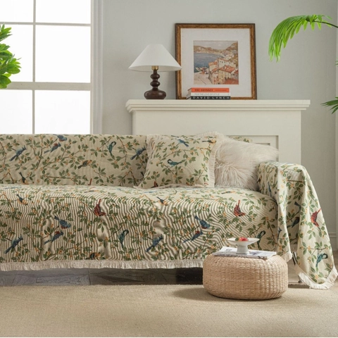 Copridivano Jacquard Vintage con Fiori e Uccelli Coperta Protettiva per Mobili in Poliestere Spesso con Nappine per Soggiorno Casa