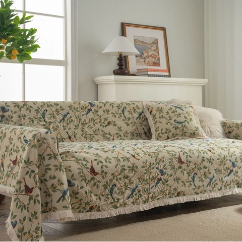 Copridivano Jacquard Vintage con Fiori e Uccelli Coperta Protettiva per Mobili in Poliestere Spesso con Nappine per Soggiorno Casa