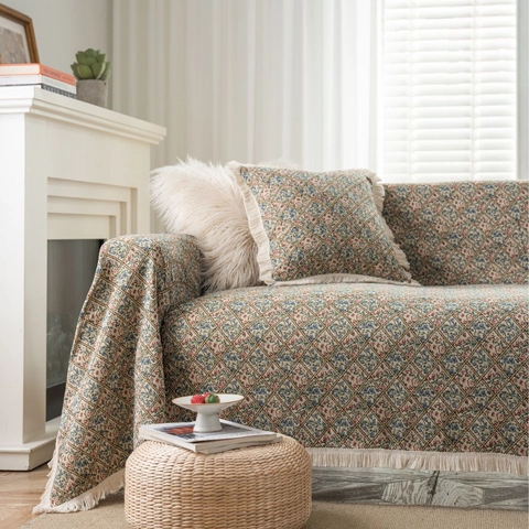 Coperta per Divano in Jacquard di Poliestere Vintage con Frange Spessa Lavabile per Soggiorno Decorazione Casa
