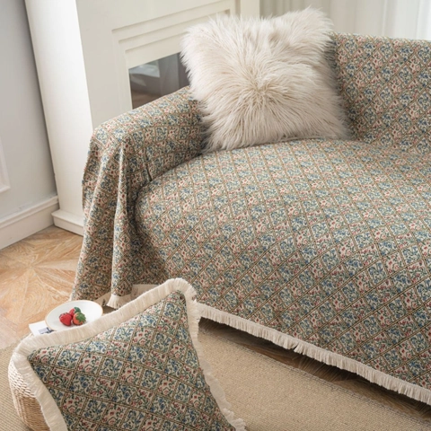 Coperta per Divano in Jacquard di Poliestere Vintage con Frange Spessa Lavabile per Soggiorno Decorazione Casa