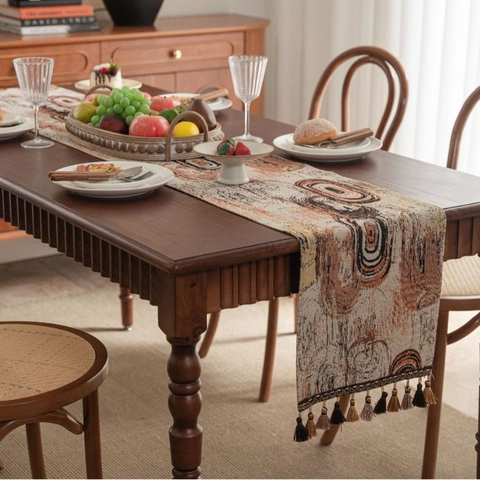 Vintage Jacquard Table Runner With Tassels Abstract Geometric Floral Thick Polyester Cotton Table Decor For Dining Room