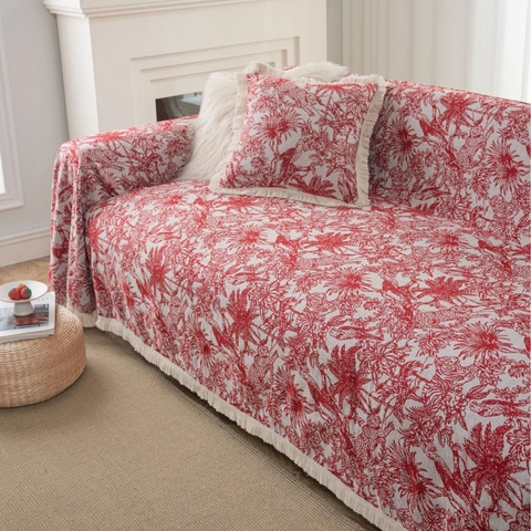 American Vintage Jacquard Sofa Cover Red Toile De Jouy Jungle Pattern Thick Slipcover Washable Sofa Blanket With Tassels