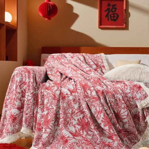 American Vintage Jacquard Sofa Cover Red Toile De Jouy Jungle Pattern Thick Slipcover Washable Sofa Blanket With Tassels