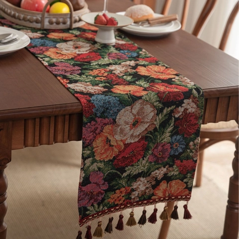 Camino de Mesa Floral Jacquard Retro Con Borlas Algodón Poliéster Grueso Mantel Vintage para Decoración del Hogar
