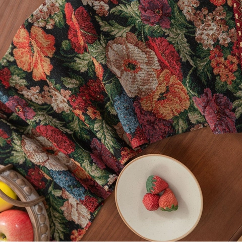 Camino de Mesa Floral Jacquard Retro Con Borlas Algodón Poliéster Grueso Mantel Vintage para Decoración del Hogar