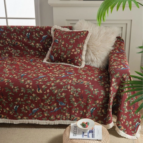 Asciugamano da Divano Vintage Jacquard Con Uccelli e Fiori Coperta in Ciniglia Con Nappine Protezione Mobili per Arredamento