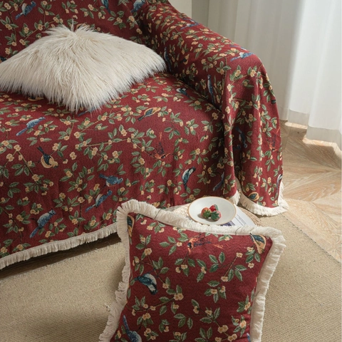 Asciugamano da Divano Vintage Jacquard Con Uccelli e Fiori Coperta in Ciniglia Con Nappine Protezione Mobili per Arredamento