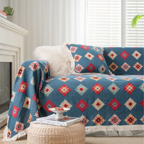 Manta de Sofá de Jacquard de Poliéster Bohemio Retro Con Borlas Patrón de Rombo Geométrico Funda de Sofá Gruesa Antirasguños