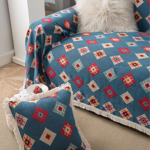 Manta de Sofá de Jacquard de Poliéster Bohemio Retro Con Borlas Patrón de Rombo Geométrico Funda de Sofá Gruesa Antirasguños