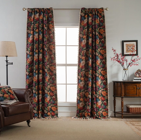 Rideaux Floraux Jacquard Vintage Américain Pour Salon Cuisine Semi-Occultant Draperies De Fenêtre Avec Garniture De Franges Mélange Polyester Coton Crochet Poche À Tringle
