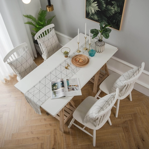 Chemin de Table Géométrique Moderne Nordique en Coton Polyester Double Couche Nappe Imprimée à Grille pour Table à Manger