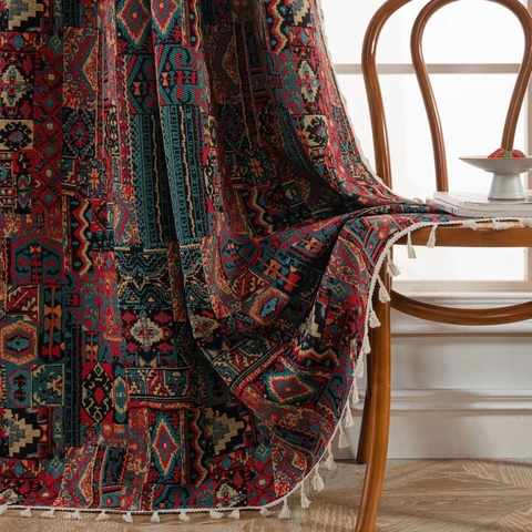 Bohemian Jacquard Geometric Door Curtain With Tassels American Style Cotton Polyester Blend Semi Blackout Window Drapes For Home Decoration