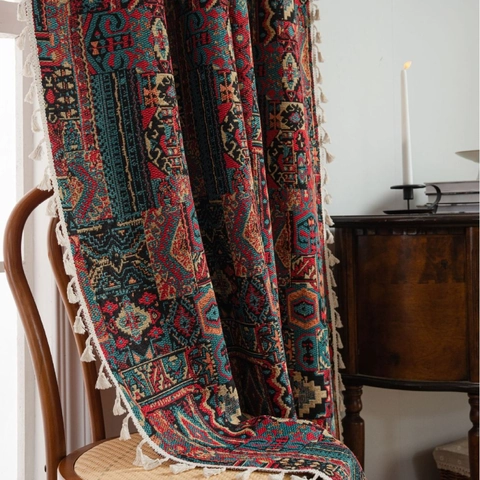 Bohemian Jacquard Geometric Door Curtain With Tassels American Style Cotton Polyester Blend Semi Blackout Window Drapes For Home Decoration