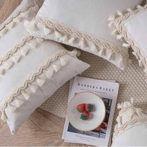 Boho Kussenhoes Met Kwastjes Effen Gebroken Wit Polyester Katoenmix Sierkussenhoes Met Gevlochten Bies Voor Sofa Decor